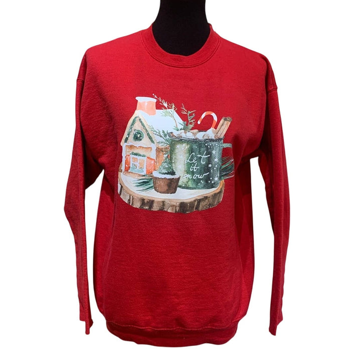 Upcycled Hand Printed Womens Large Christmas Tree Cupcake Cocoa Sweatshirt