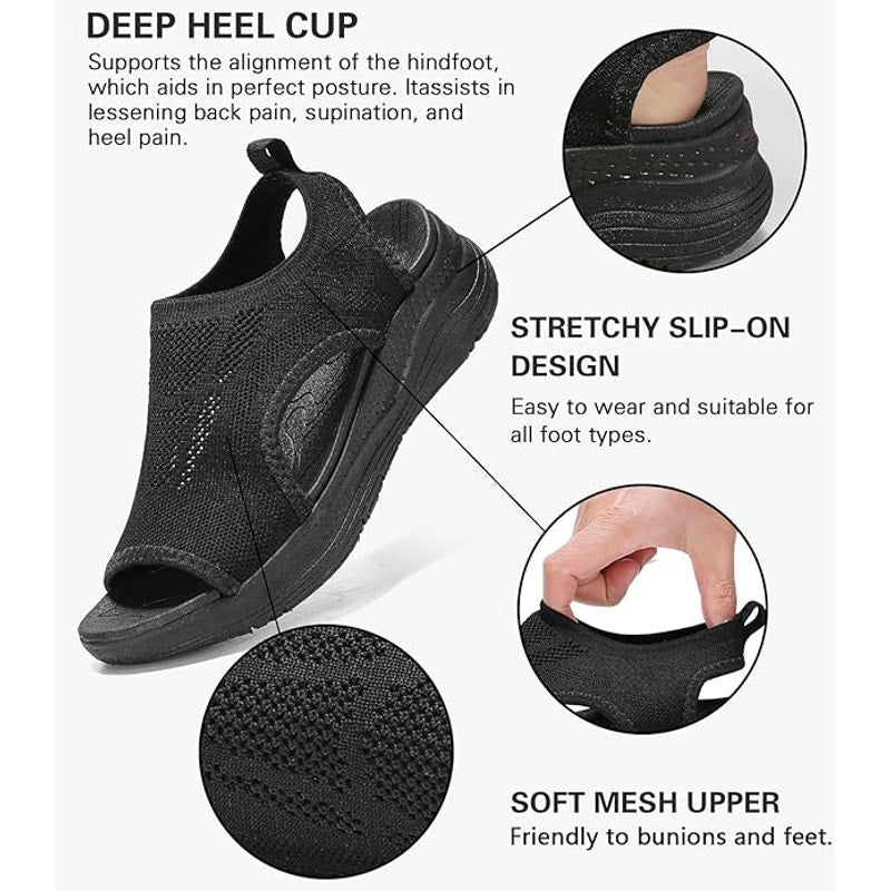 Womens Size 9.5 Black Mesh Arch Support Orthotic Comfortable Slip On Sandals
