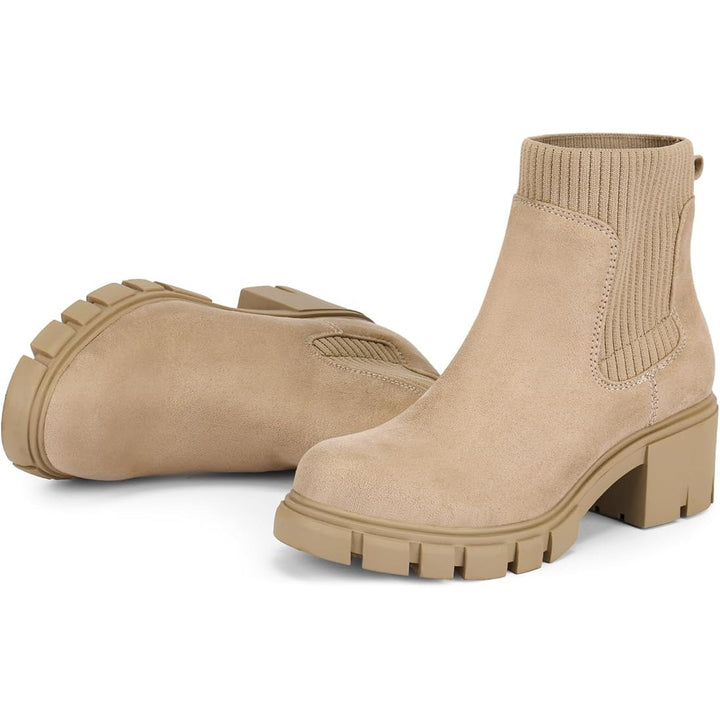 Fitory Womens 8.5 Tan Faux Suede Elastic Ankle Booties Lug Sole Chelsea Boots
