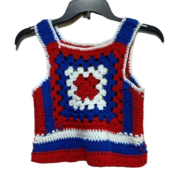 Handmade Crocheted Girls Small Red White Blue Granny Square Sleeveless Tank Top