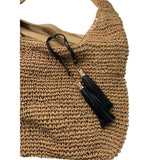 Woven Large Boho Rattan Straw Tote Lined Beach Shoulder Bag w Black Tassels