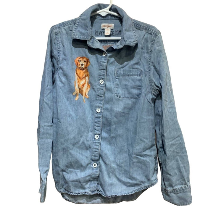 Hand Printed Upcycled Youth Medium Golden Retriever Puppy Dog Button Down Shirt