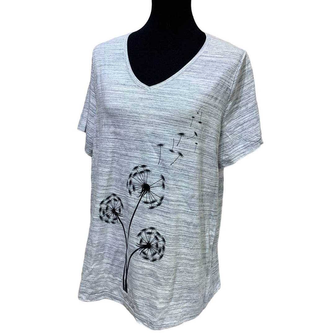 Hand Printed Upcycled 1X Dandelion Make a Wish V-Neck Short Sleeve Tee