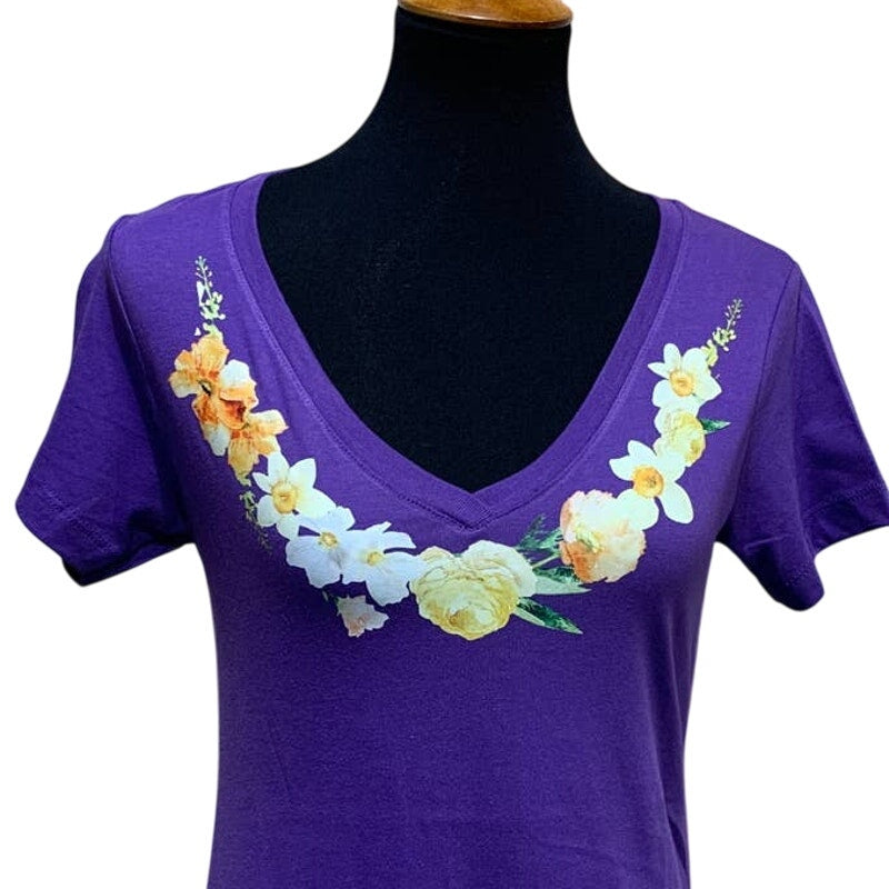 New Hand Printed Womens Medium Flowers Floral Daffodil Rose V-Neck Tee