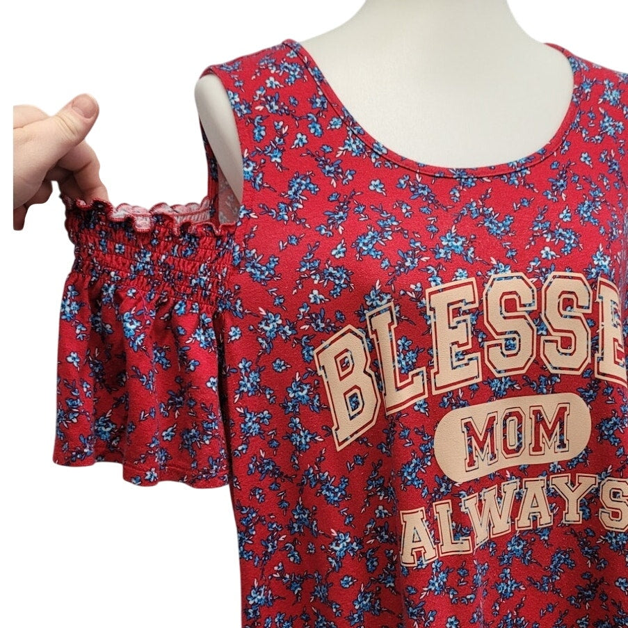 Elle Upcycled Floral “Blessed Mom” Cold-Shoulder Blouse, XL/XXL