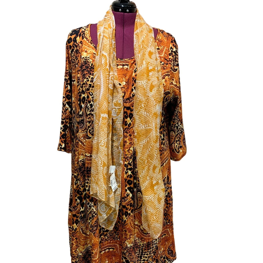 New York Collection 2X Lightweight Paisley Floral Stretchy Maxi Dress w Scarf