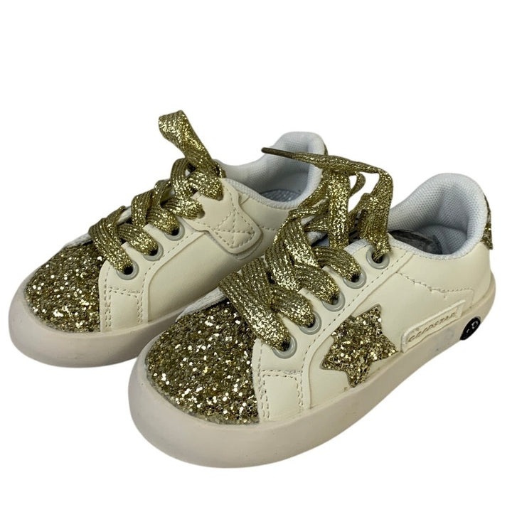 Qimaoo Toddler Girls Size 9.5 Gold Glitter Sneakers Lace Up Round Toe Shoes