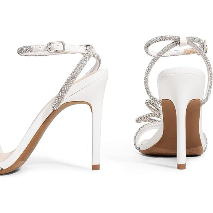 Dream Pairs Womens 10 White Silver Rhinestone Bow Ankle Strap 4.5" Heels Shoes