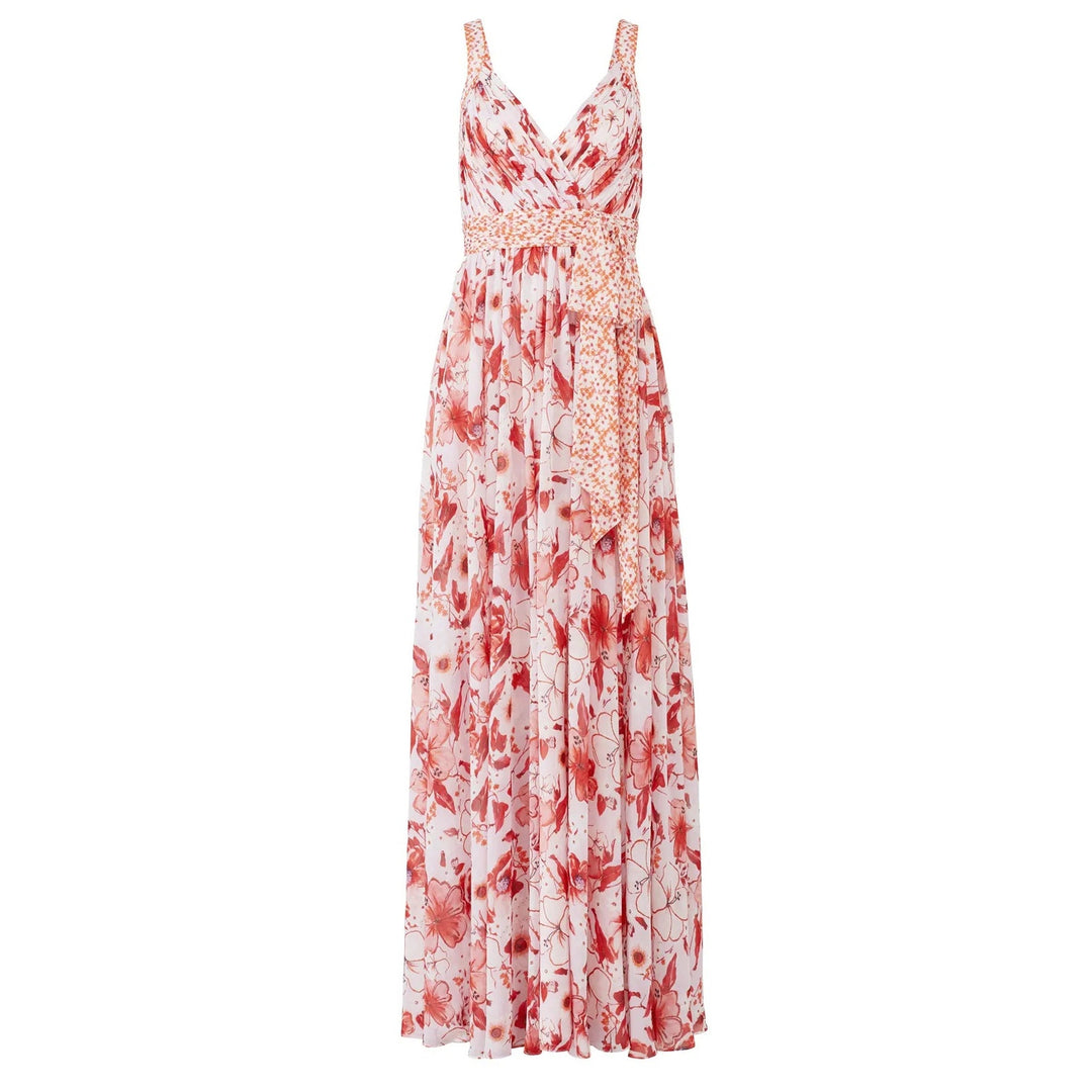 Badgley Mischka Size 16 Pink Floral Cris Cross Back Deep V Flowy Maxi Dress Gown