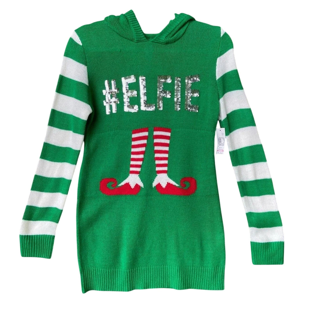 NWT New No Boundaries Juniors Medium Green Christmas Elf Sweater Hooded Sweater