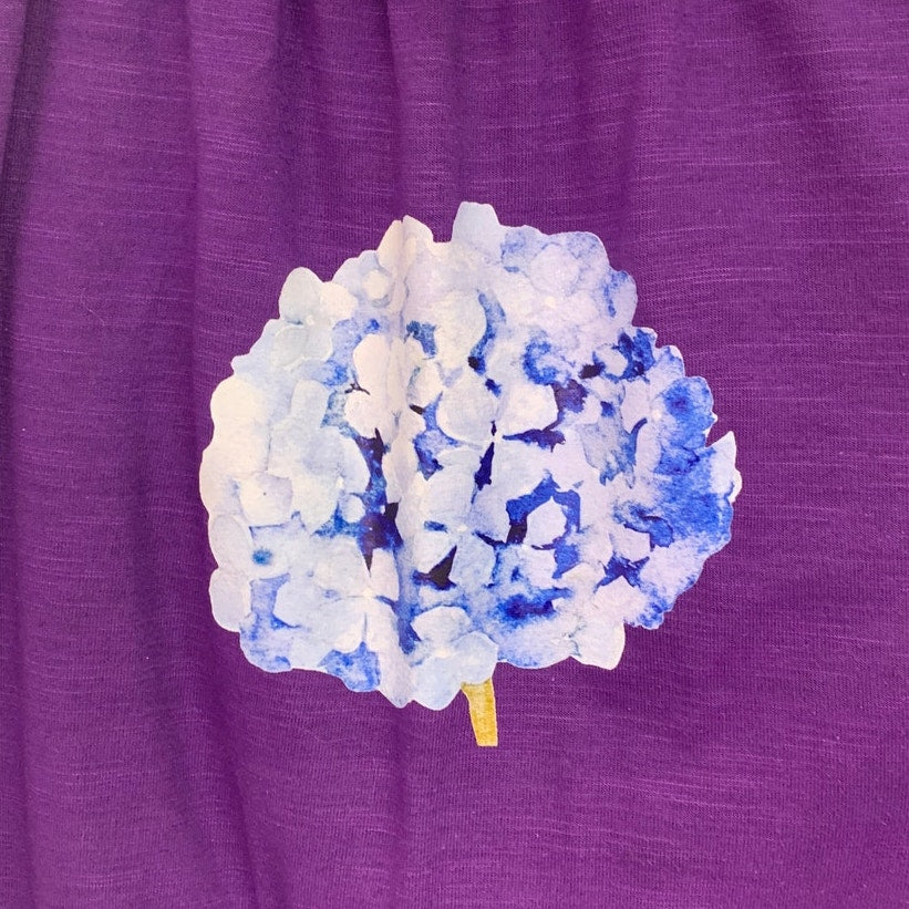 Upcycled Hand Printed Womens 2X Hydrangea Floral Long Sleeve Purple Tee Shirt