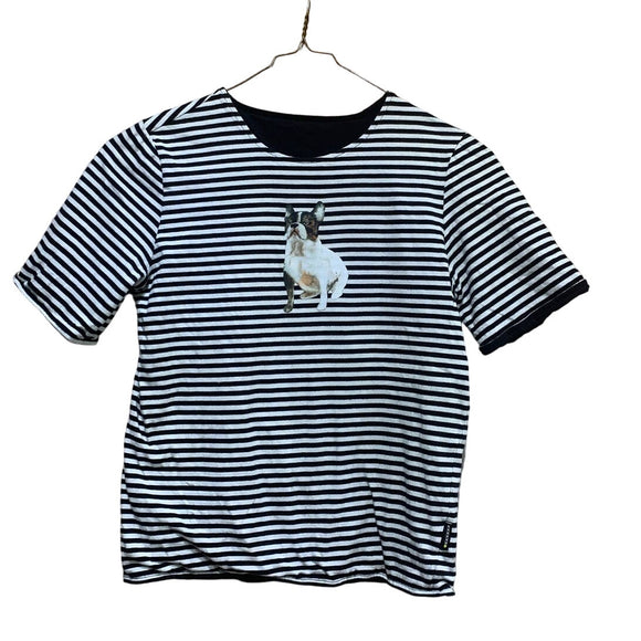 Hand Printed Upcycled Small Black White Stripe Boston Terrier Dog Reversible Tee