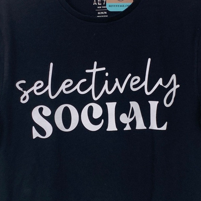 New Upcycled Hand Printed Womens Medium Selectively Social Crew Neck Tee Shirt