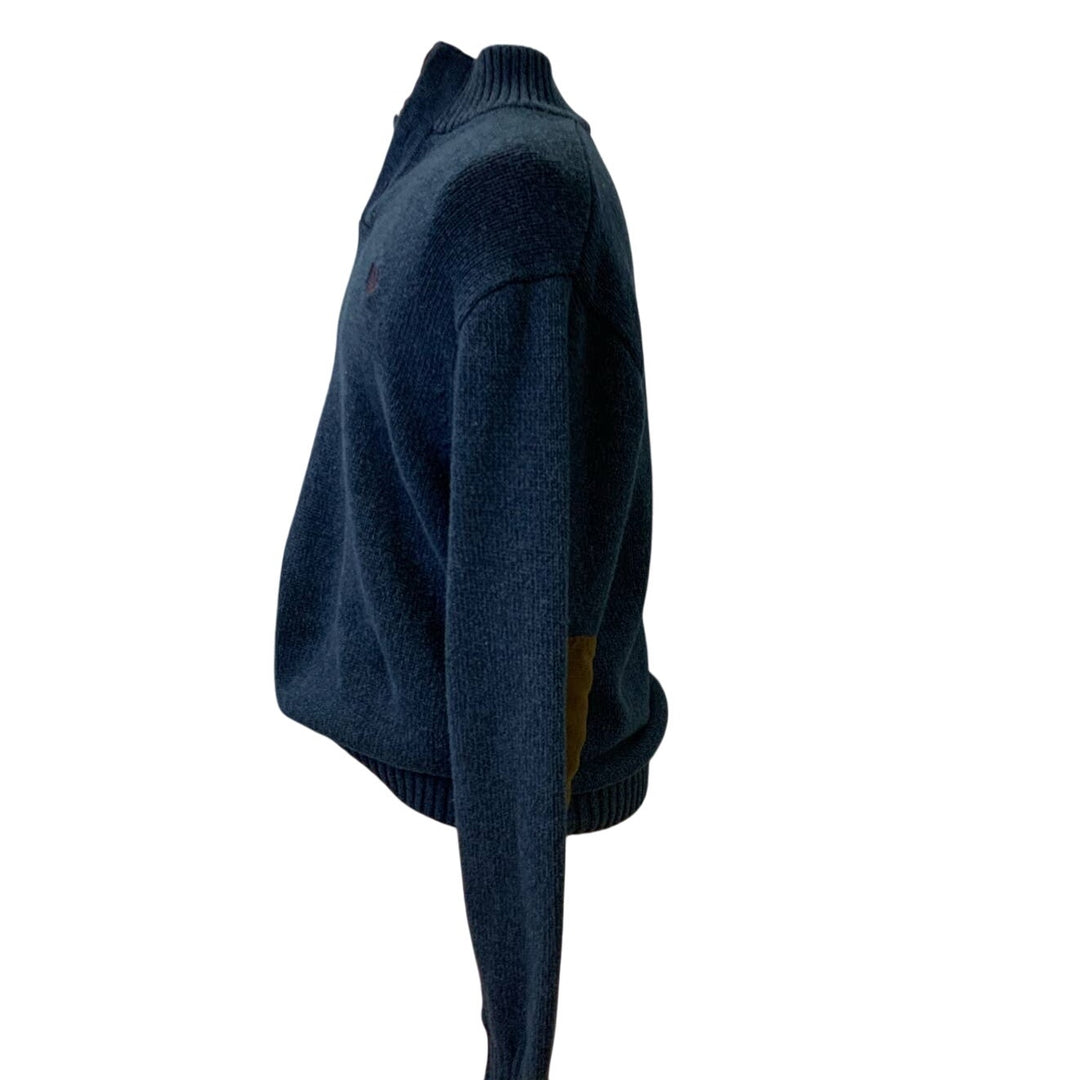 Chaps XL 1/4 Button Navy Blue 100% Cotton Knit Sweater w Leather Elbow Patches