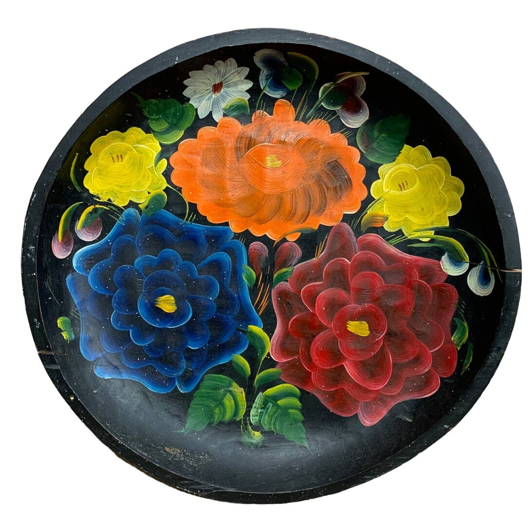 Rustic Colorful Floral Bouquet Painted Shallow Wooden Fruit Kitchen Counter Bowl