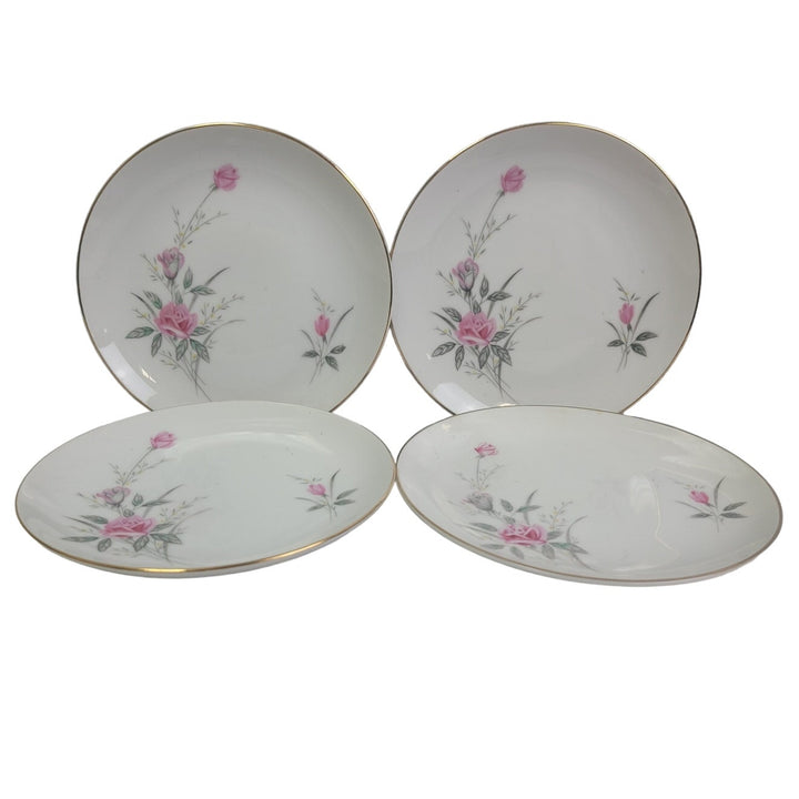 4 Vintage Golden Rose Flower Gold Rim Fine China Japan Small Salad Plates