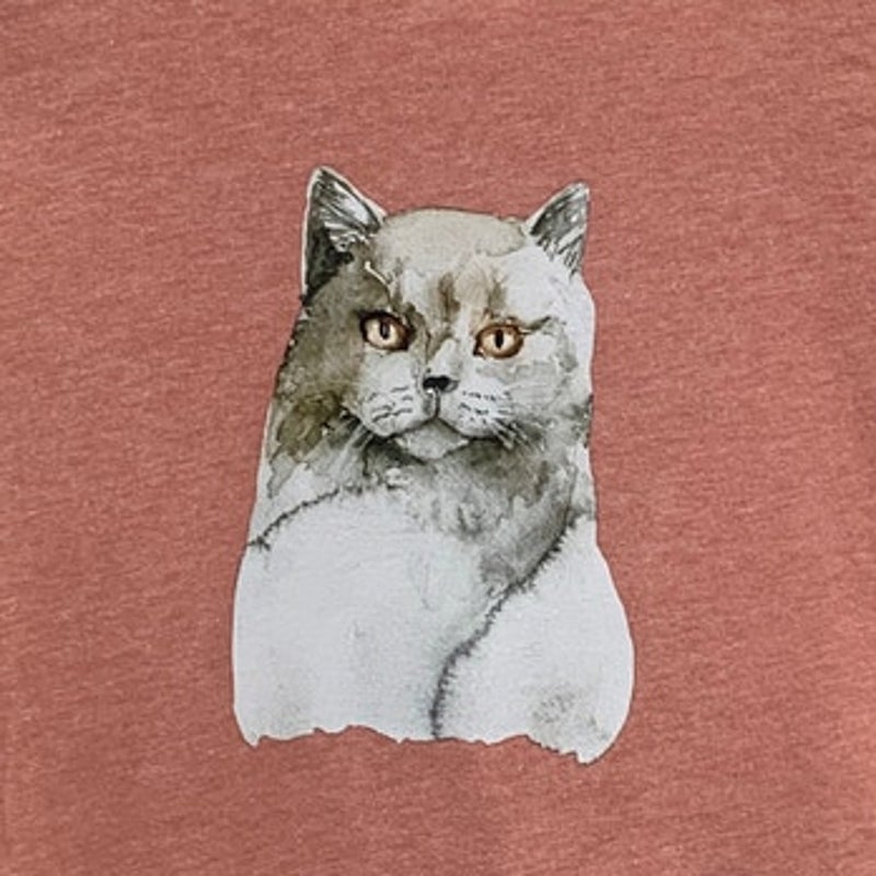 New Hand Printed Womens XS Smoky Gray Cat Short Sleeve Crew Neck Tee Shirt