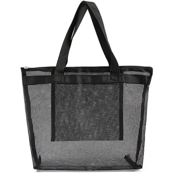 New Komost Black Double Handle Zip Up Foldable Travel Mesh Beach Tote Bag