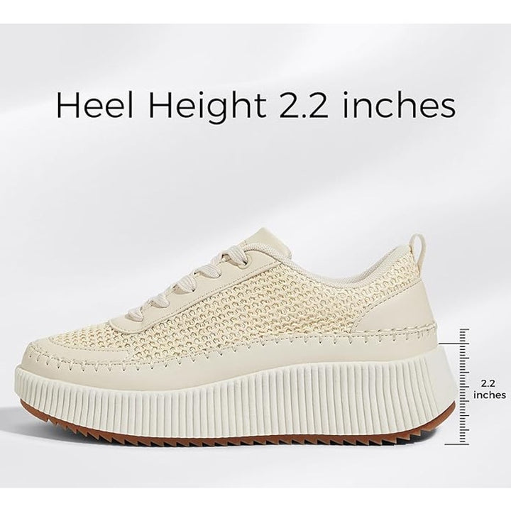 Lucky Step Womens Size 7 Beige 1.5" Heel Sneakers Lace Up Knit Casual Shoes