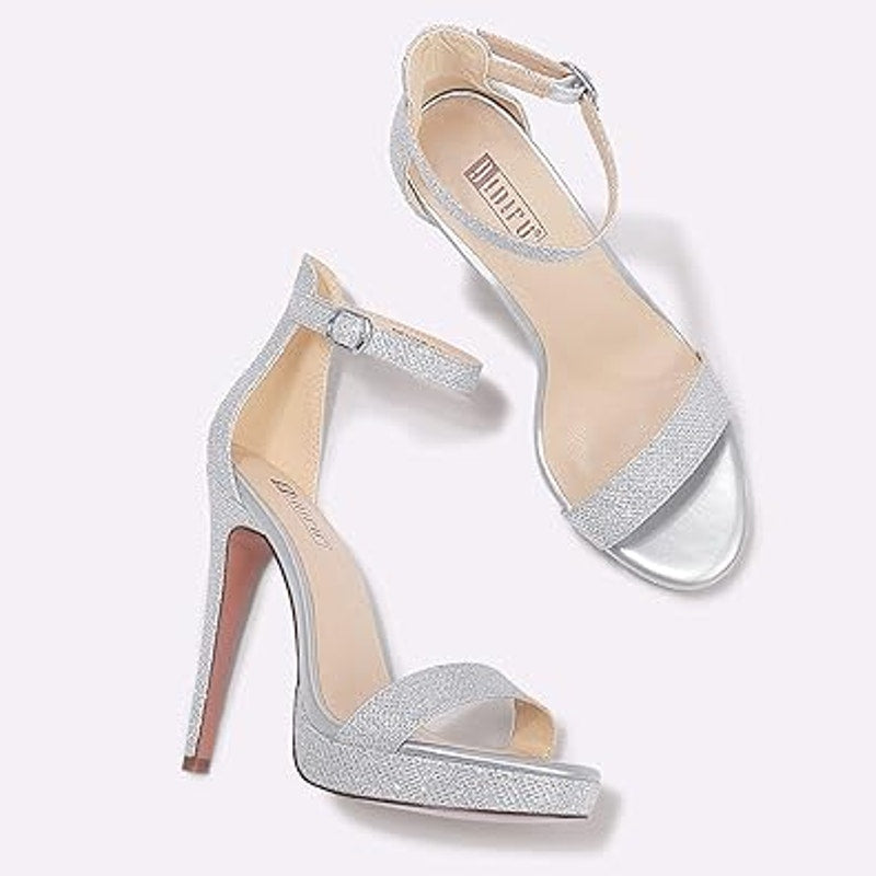 Idifu Womens Size 9 Silver Glitter 5" Platform Heel Open Toe Ankle Strap Shoes