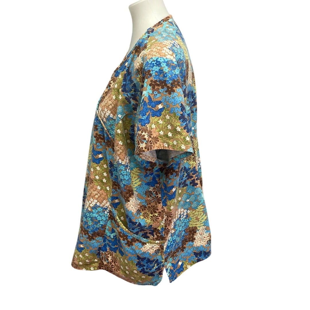 Womens 2X Butterflies Flowers Floral Short Sleeve Cotton Blend Scrub Top Pockets