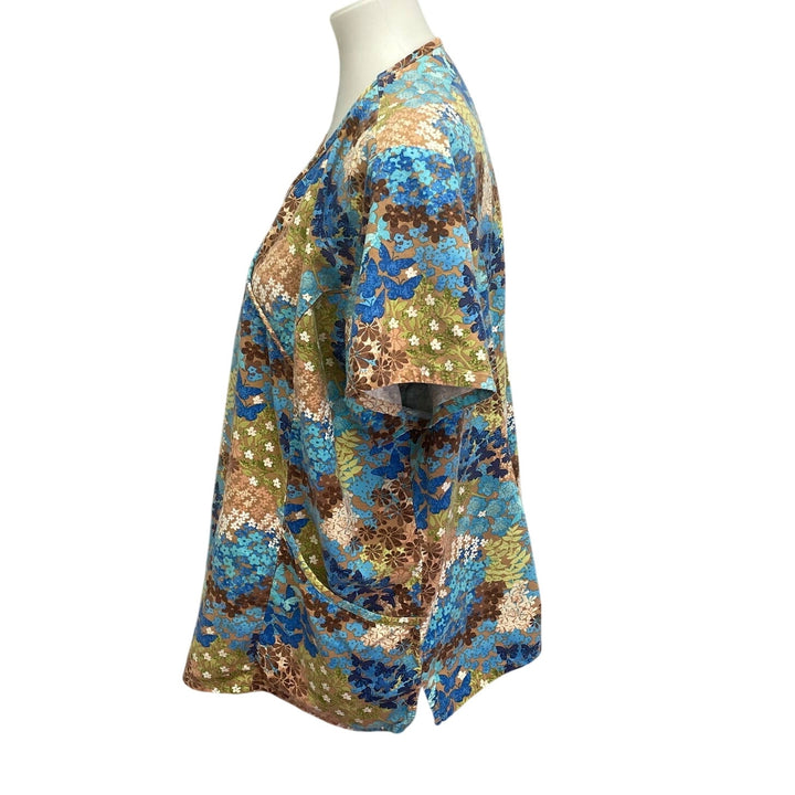 Womens 2X Butterflies Flowers Floral Short Sleeve Cotton Blend Scrub Top Pockets