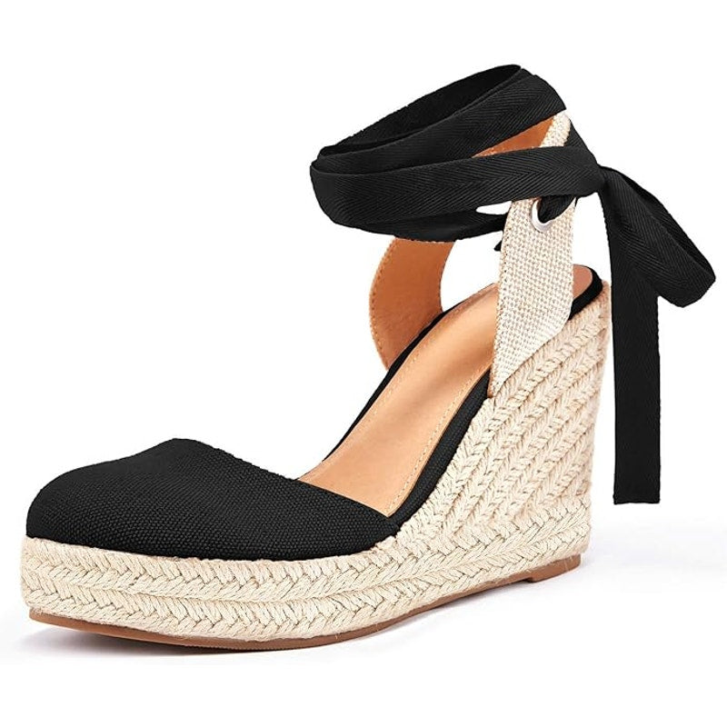 New Ermonn Womens 8.5 Black Espadrille Platform Closed Toe Ankle Strap Sandals