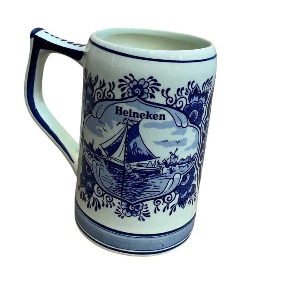 Vintage 1979 Heineken Hand Painted in Holland Delft Blue Ceramic Mug Tall Vases