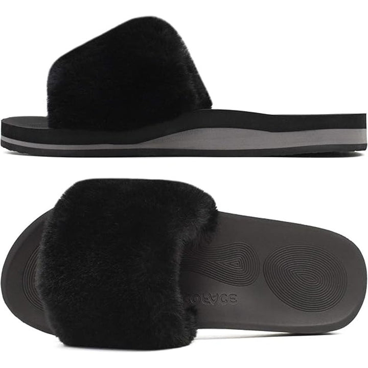 New Coface Womens Size 8 Black Fuzzy Slides Open Round Toe Sandal House Shoes