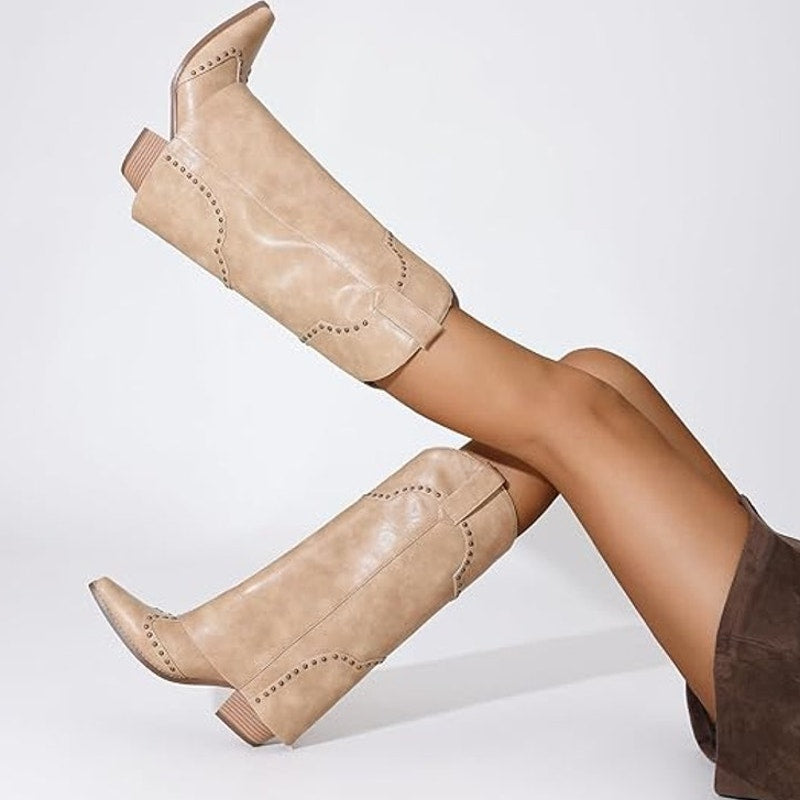 Ronilurn Womens Size 11 Tan Faux Shark Fold Over Mid Calf 3" Chunky Heel Boots
