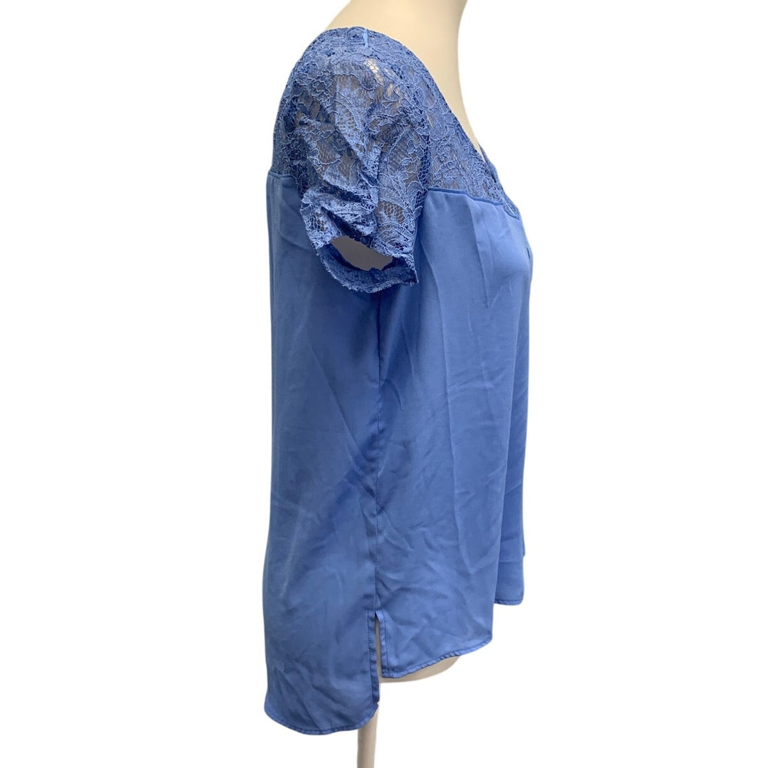 Express Womens Small Lace Chest Detail Solid Blue Short Sleeve Top Blouse