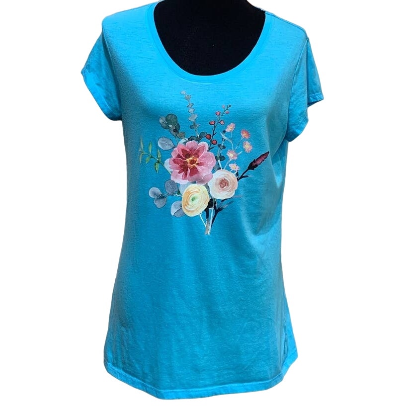 Hand Printed Upcycled XL Watercolor Summer Flower Peony Aster Bouquet Tee