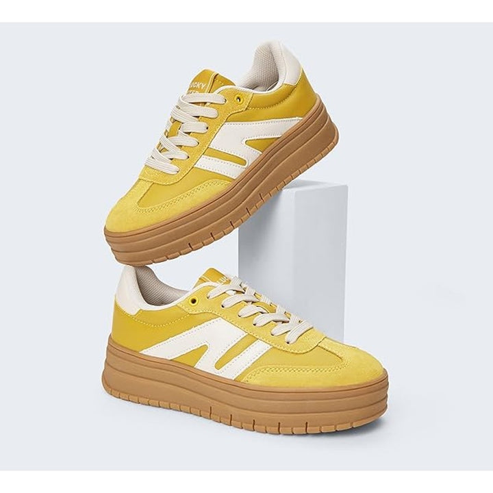 Lucky Step Womens Size 6 Yellow Platform Genuine Leather Classic Sneakers Shoes