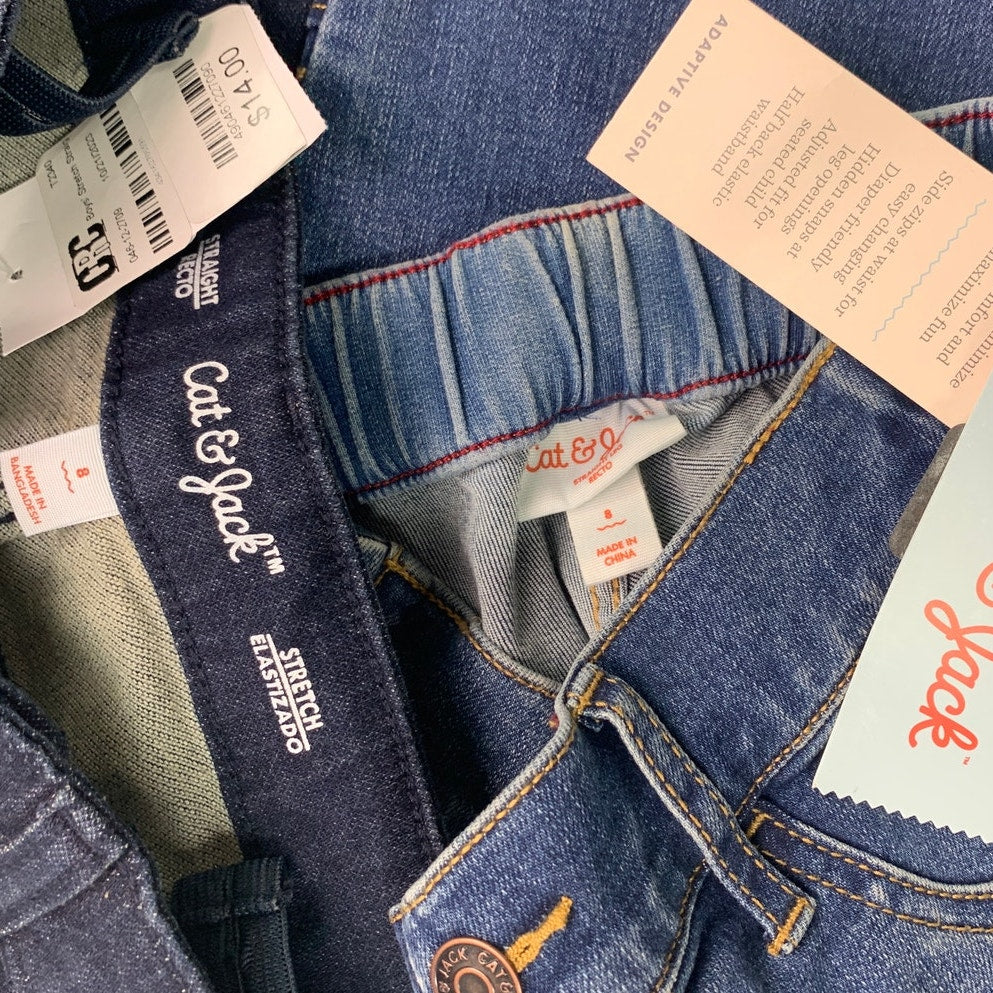 2 NWT New Cat &amp; Jack Boys Size 8 Straight Leg Stretch Denim Blue Jeans