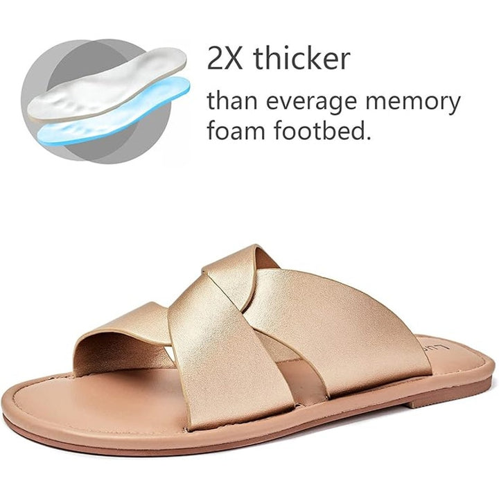 Luoika Womens Size 9W Wide Gold Criss Cross Flat Slide On Sandal Strappy Shoes