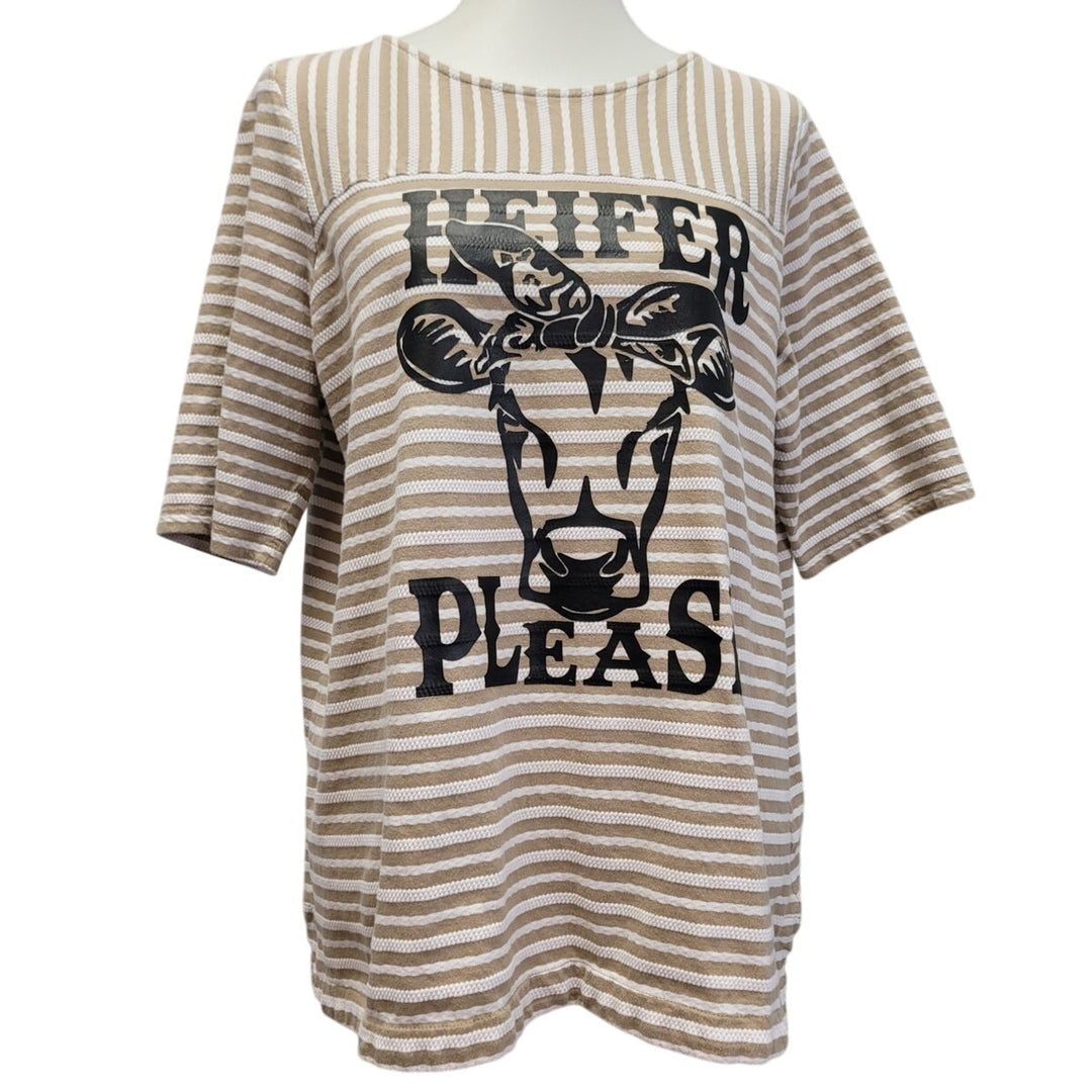 Hand Printed Upcycled Womens XL Cow Heifer Please Striped Back Button Top