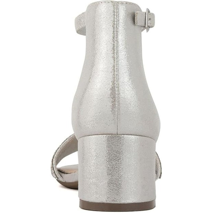 New London Fog Womens 6.5 Silver Blingy Nikki 2" Heel Open Toe Ankle Strap Shoes