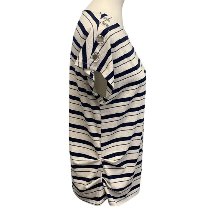 89th &amp; Madison Womens Large Striped Top w Rhinestone Shoulder Accent Holes