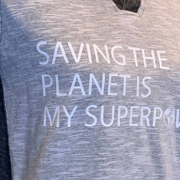 Hand Printed Upcycled Womens Small Saving the Planet Superpower Hoodie