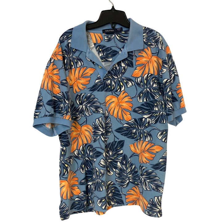 Lot of 2 Nautica Mens XL Blue Floral Tropoical Fern Short Sleeve Polo Shirts EUC