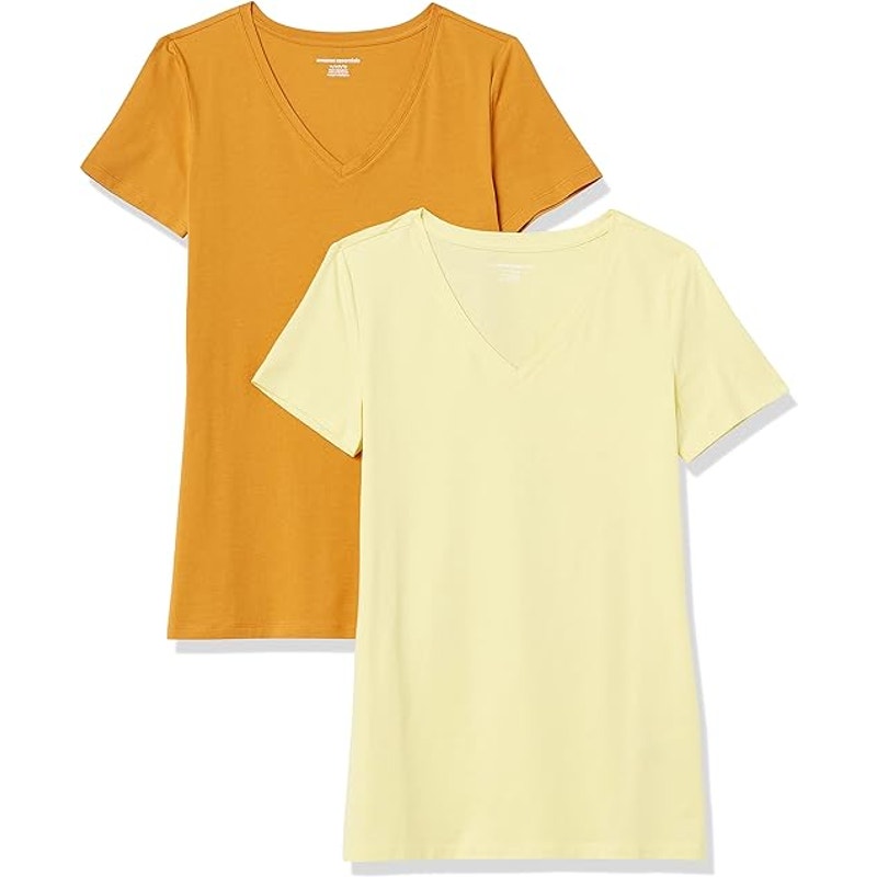 2 Pack Amazon Essentials Womens XS Yellow Short Sleeve V Neck Tee Shirts