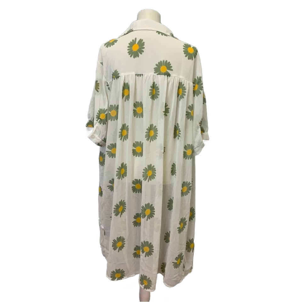 Shein Womens 1X Long Green Daisy Floral Sheer Polyester Open Coverup Blouse Top