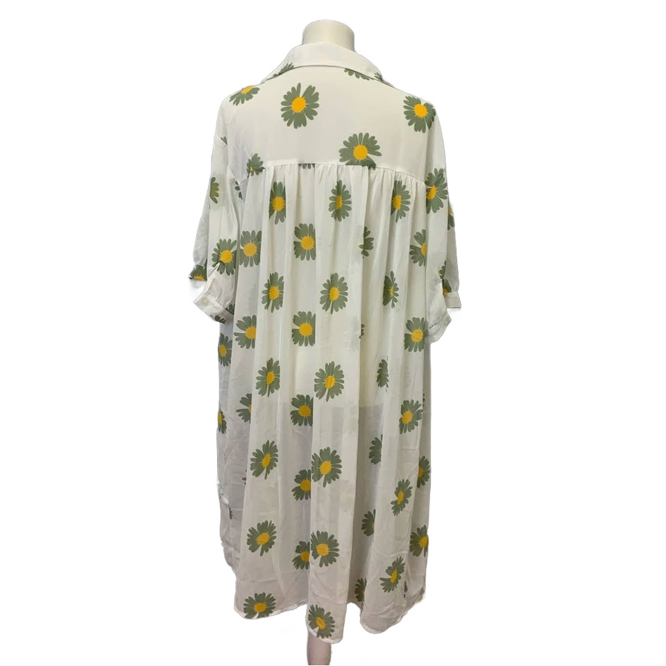 Shein Womens 1X Long Green Daisy Floral Sheer Polyester Open Coverup Blouse Top