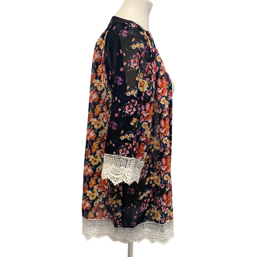 Long Sheer Womens Medium Lace Trim Floral Flowy Open Cardigan Coverup