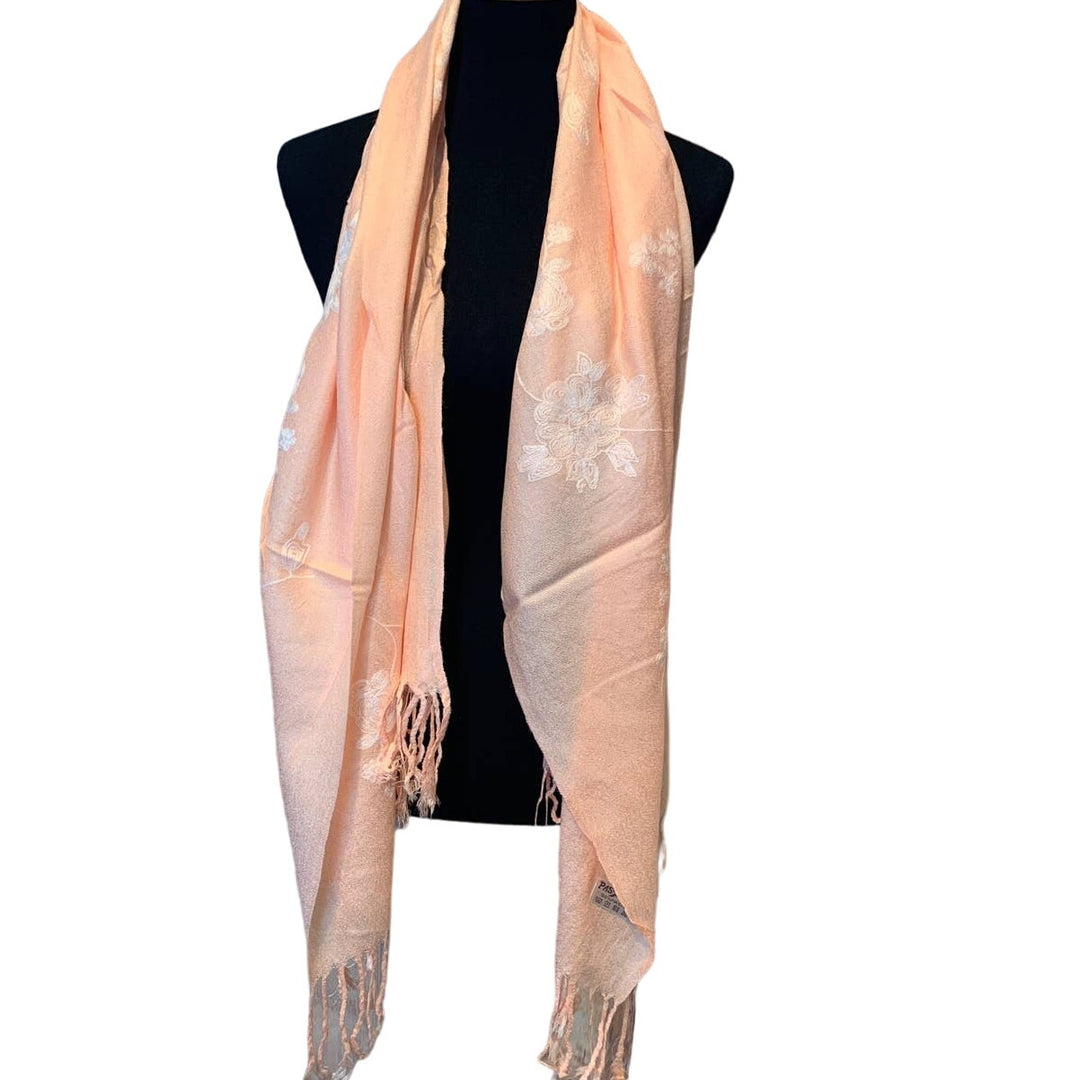 New Embroidered Peach Floral Fringed Lightweight Pashmina Shawl Wrap Scarf