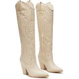 Vomira Womens Size 10 Cream Embroidered Knee High 4" Heel Cowboy Boot Shoes