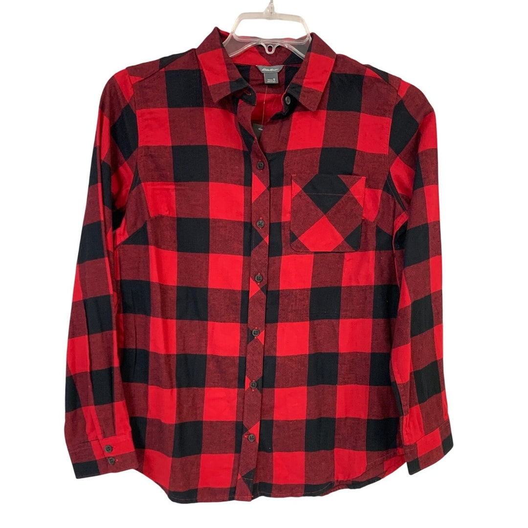 New Eddie Bauer Womens Small Red Black Plaid Forest Flannel Button Up Shirt