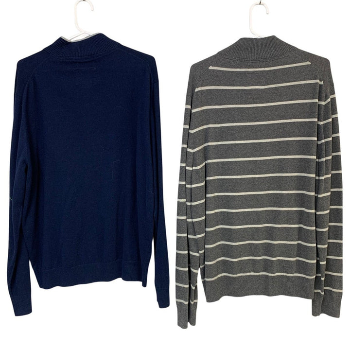 2 St Johns Bay Mens XL Navy Gray Striped Long Sleeve Quarter Zip Knit Sweaters