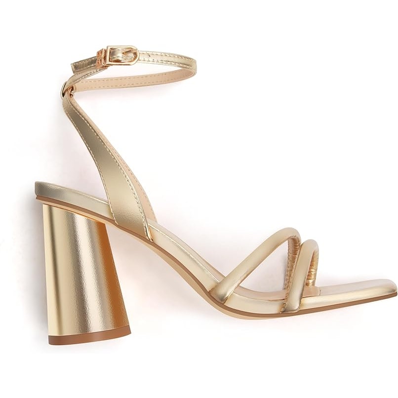 Viciously Vixen Womens 7 Shiny Gold 4" Block Heels Open Toe Ankle Strap Shoes