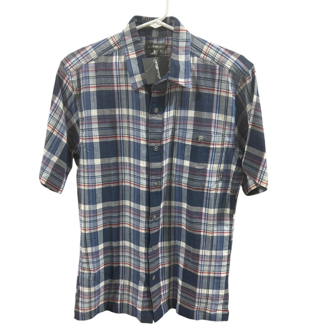 New Eddie Bauer Mens Blue Plaid Short Sleeve 100% Cotton Breezeway Button Shirt